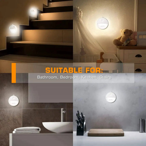Motion Sensor Night Light With Auto On Off, No Fuss Cool White LED Path Light illuminating stairs, bathroom, kitchen and bedroom.