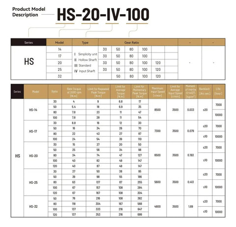 Product model description table for HS-20-IV-100 gearbox, showing specifications and gear ratios for series HS-14 to HS-32.