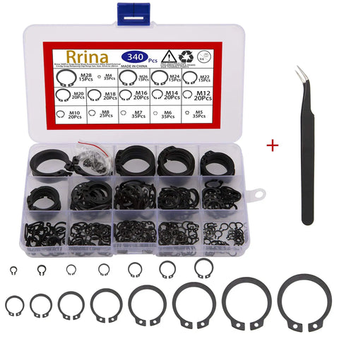 340Pcs Snap Ring Kit External Circlip Retaining Clip Rings Set Alloy Steel 65Mn 15 Sizes From 4mm To 28mm in box with tool