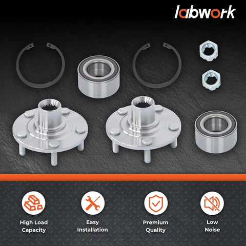 Wheel Hub Kit With Bearing For Mitsubishi Outlander Sport Front Left And Right 4WD 2011 2018 Replacement Includes Bearing To Cushion Vibrations And Improve Ride Quality, two hubs and bearings displayed with accessories