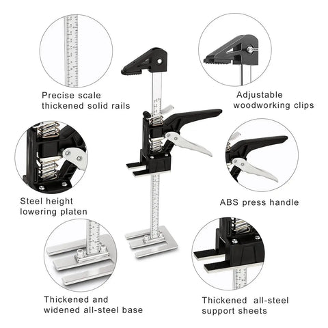 Labor Saving Arm Jacks 2 Pack 15.5 Inch Furniture Lifter For Cabinets And Tile, shown with adjustable rails and steel base.