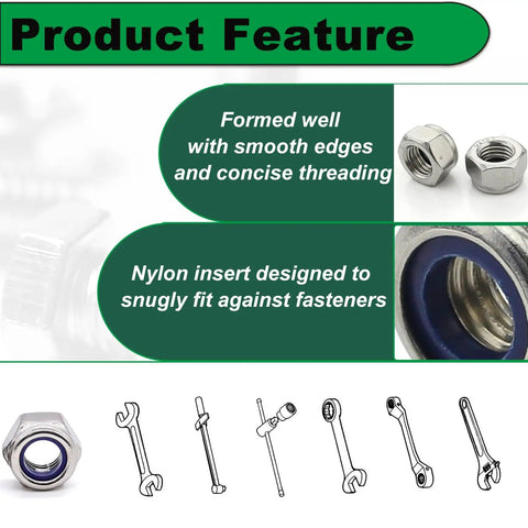Heavy Duty Pro Grade Nylon Inserted M8 Hex Lock Nuts Self Locking 1.25 Pitch 304 Stainless Steel, 20 Pack, product features overview