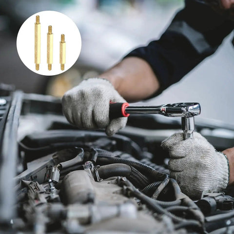 Mechanic using Copper Double Ended Stud M3x6 5 6mm Male To Male Left Right Hand Thread in automotive engine repair setup.