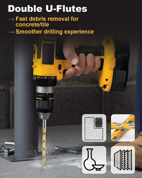 Close-up of a cordless drill using a Beefed Up Heavy Duty Masonry Drill Bit Set With Six Inch Bits And YG10X Carbide Tips on concrete.