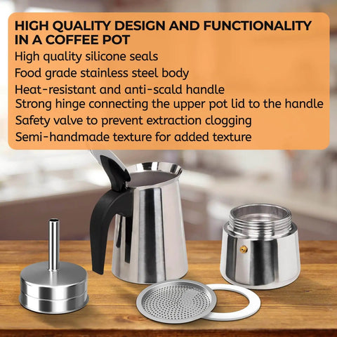 Stainless Steel 12 Cup Moka Pot Espresso Maker For Stovetop Brews Like A Boss Italian Classic Style Cafetera Coffee Pot 600ml Portable For Camping Travel And Home Use shown disassembled on wooden table, highlighting stainless steel components and sleek design.