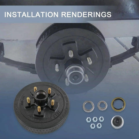 Heavy Duty Trailer Brake Hub Drum Kit Ten Inch And Two And A Quarter Inch Diameter For Three Thousand Five Hundred Pound Axles With Five On Four Point Five Inch Bolt Pattern Replaces Dexter And Other Brands JDMSPEED, installation view