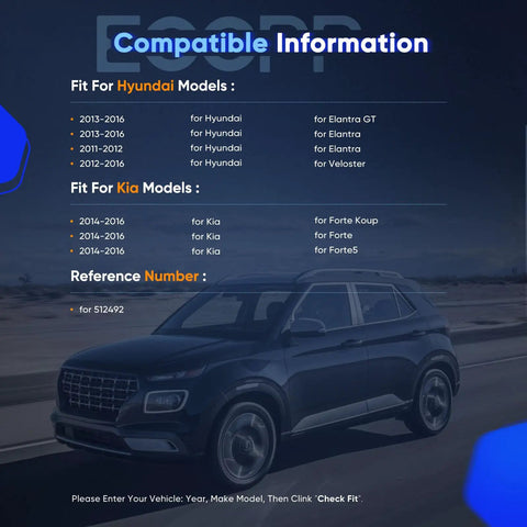 Compatibility chart for Hyundai and Kia models with reference number 512492 shown above a parked SUV on a road background.