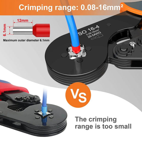 Self Adjusting Wire Ferrule Crimping Tool With Square Jaw For AWG 28-5 showing crimping range and connector size diagram