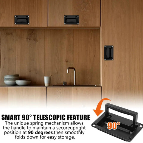 Installed Recessed Pull Handle For Drawers Doors And Toolboxes Black Zinc Alloy 4.38 X 2.76 Inch with 90° fold feature.