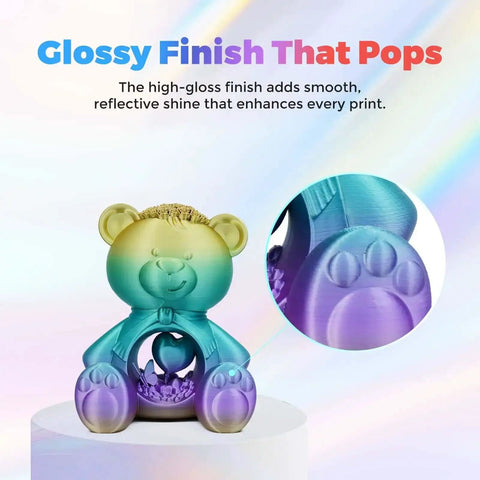 Silk PLA Filament 1.75mm, 1Kg Spool For 3D Printing, Slick Glossy Finish, Dope Silk Look; multicolored bear model.