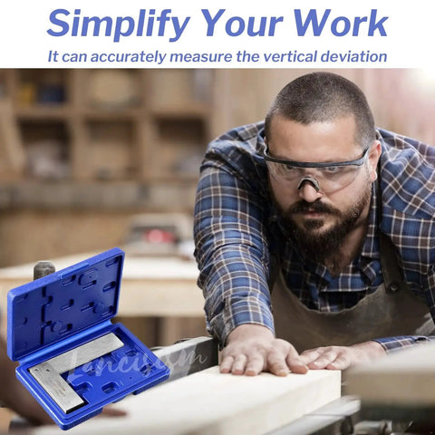 Machinist Square Set 2 3 4 6 Inch High Precision Steel Angle Ruler With Wide Base in box shown with woodworker wearing goggles