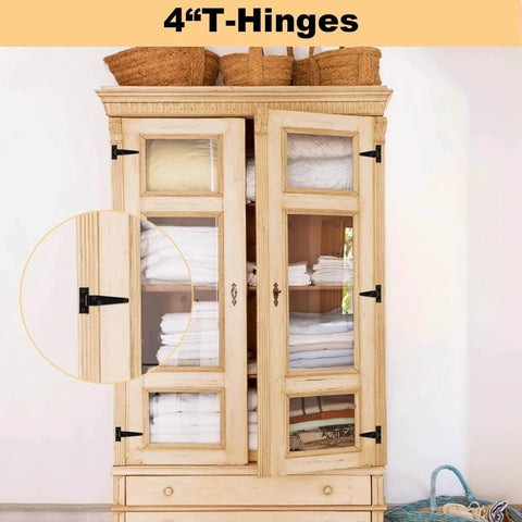 14 Pack 4 Inch T Hinge Heavy Duty Shed Door Hinges shown on a wooden cabinet, black powder coated, durable iron construction.