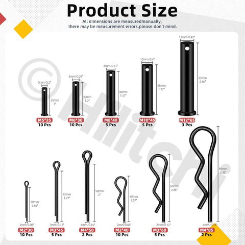 All-In-One Clevis Pin Kit With 67 Pieces Including Black Clevis Pins In M5 M6 M8 M10 M12 Sizes Plus Zinc Plated Cotter Pins And Hair Pins