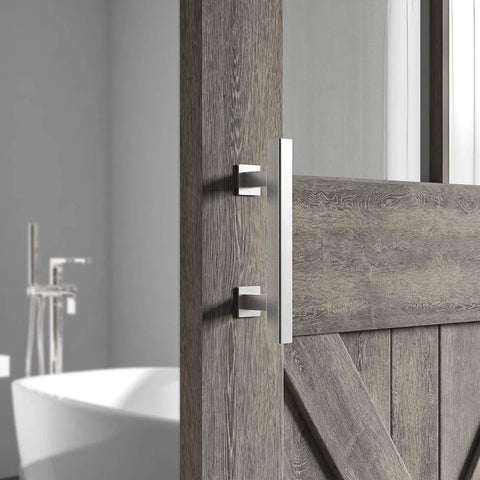 Heavy Duty 12 Inch Barn Door Handle Set With Flush Pull And Finger Pull, Solid Stainless Steel, installed on wooden barn door