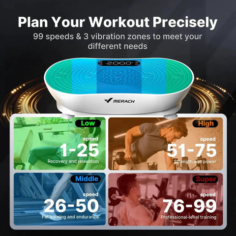 Vibration Plate Exercise Machine With LED Touchscreen, Bluetooth And Pull Cord for varied speed workouts and full body fitness.
