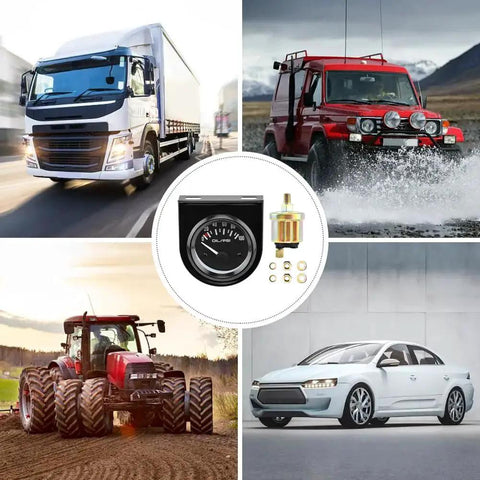 Two Inch Oil Pressure Gauge Kit 0 To 100 PSI For Universal Cars DC12V with Sensor and Mount Frame, shown with vehicles including truck and tractor.