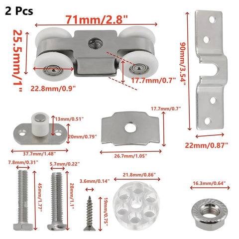 Two Pack Heavy Duty Stainless Steel Sliding Door Roller Set With Silent Design, 265 Lb Load Capacity, product components layout