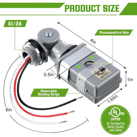 Diagram showing dimensions and features of 4 Pack Photocell Sensor For Outdoor Lights, 120V AC 50 60 Hz IP54 Waterproof Rotatable Dusk To Dawn Photoelectric Switch