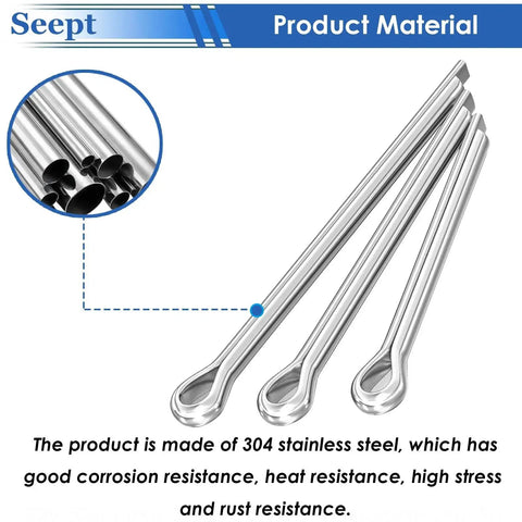 Close-up of 304 stainless steel cotter pins from 120Pcs Stainless Steel Cotter Pins Assortment Kit Pro Grade 304 For Hitch Pin Lock System And Tow Truck Or Tractor Repair Needs Includes M1.6x25 M2.5x25 M2.5x30 M3.2x30 M3.2x40 And M4x60.
