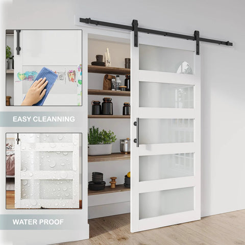 36 Inch By 84 Inch Glass Barn Door Slab In White MDF With Frosted Glass PVC Surface Includes Six Point Six Feet Hardware Kit Door Handle And Floor Guide DIY Friendly And No Fuss Ready To Install