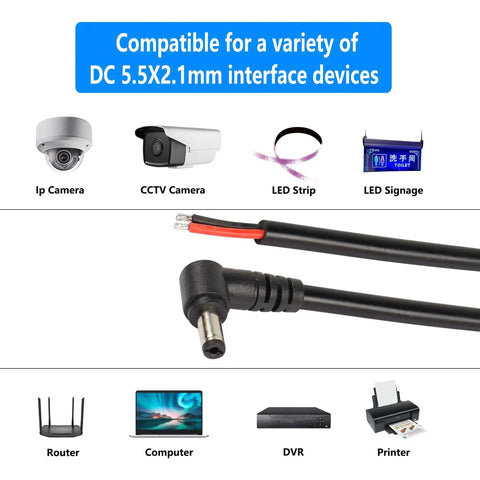 Two Pack DC5521 Power Pigtail Cables 12V 90 Degree 5.5mm X 2.1mm Male Plug for IP Cameras and LED Strips