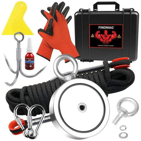 2625 Lb N52 Double Sided Fishing Magnet Kit With Rope For River Lake Beach including magnet, rope, case, gloves, and hook.