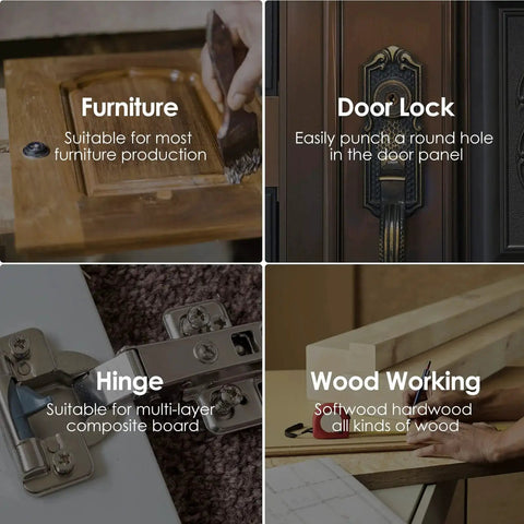 Images of woodworking projects showing a furniture piece, door lock, hinge installation, and wood blocks featuring an Eight Piece Forstner Bit Set For Woodworking With Center Positioning Delivers Clean Holes Every Time Sizes Range From One Quarter To One And Three Eighths Inch Includes Easy Storage And Fast Drilling For Soft And Hardwood Projects.