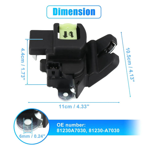 Trunk Latch Lock Actuator 81230A7030 for Kia Forte Koup 2014 to 2020 with dimensions and OE number shown