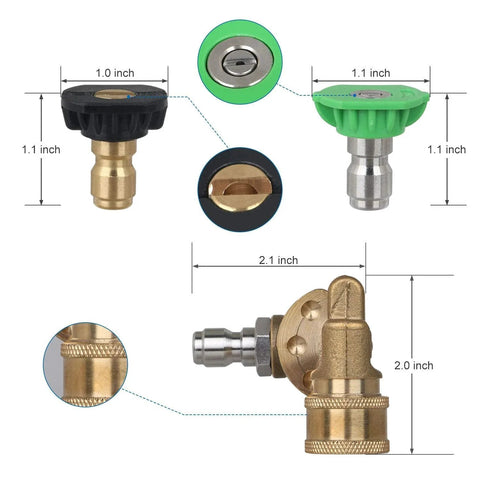 Must Have Pressure Washer Quick-Connect Pivoting Coupler Kit With 7 Nozzle Tips And 5 Angles, front view with measurements