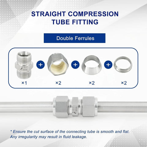 VALVENTO 316 stainless steel straight compression tube fitting with double ferrules; kit includes 1 fitting, 2 nuts, 2 ferrules, 2 rings