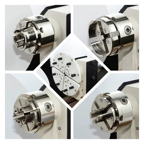 Collage of 4 Inch Wood Lathe Chuck Set With One And One Quarter Inch By Eight TPI And One Inch By Eight TPI Thread Adapters