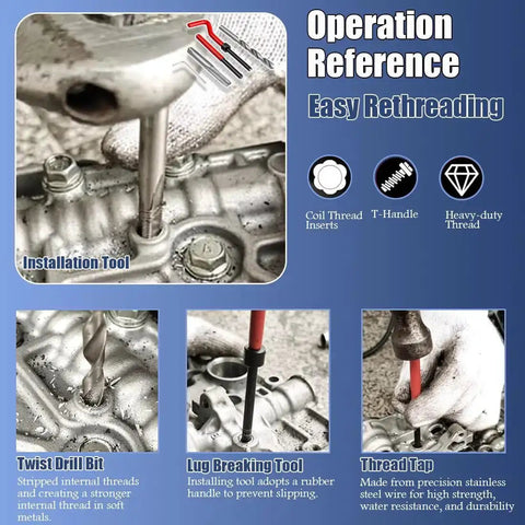 Illustration of using M12x1.0mm Helicoil Thread Repair Kit With Premium Stainless Steel Wire Inserts For Restoring Damaged Internal Threads