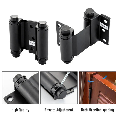 3 Inch Double Action Self Closing Door Hinge Set For Saloon Bar Pub Doors Matte Black 2 Pack Heavy Duty Steel Construction Includes Screws Rust Resistant For Three Quarter Inch Doors By Home Master Hardware shown in various angles and installation.