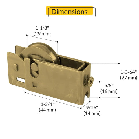 Sliding Patio Door Roller Assembly With 1-1/8 Inch Steel Wheel, 1 Inch Height, 1-7/8 Inch Length, Dichromate Finish
