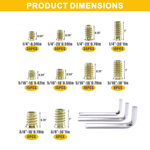 170 Piece Wood Threaded Inserts Kit With 10 Sizes And Hex Wrenches For Woodworking Furniture And Cabinet Projects shown in dimensions