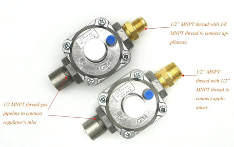 Top view of two Universal Propane Pressure Regulators with 1/2-14NPT connections for gas grills, heaters, ovens, welding equipment.