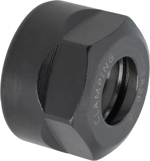 Close-up of an ER-20 collet nut, part of the 10 Piece High Speed ER-20 Collet Nut Set, M25 By 1.5mm Threaded, alloy steel construction.