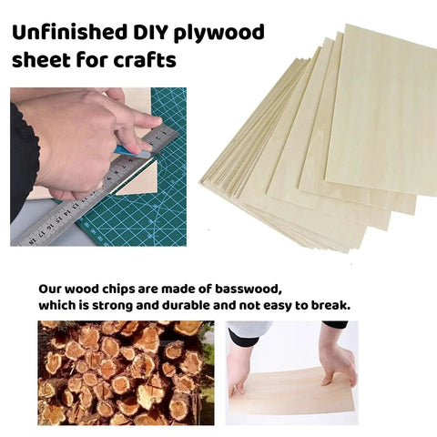 20 Pack Poplar Plywood Sheets Unfinished 2mm Thick Wood For Laser Cutting Wood Burning Painting And Model Making 150x100mm Craft Supply Kit displayed with a ruler and crafting tools.