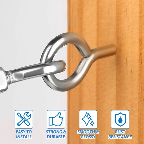 Nickel-plated eye hook screw installed in wood, showcasing Nine Size Eye Hooks Screws Kit 306 Piece Assortment Nickel Plated For Waterproof Durability.
