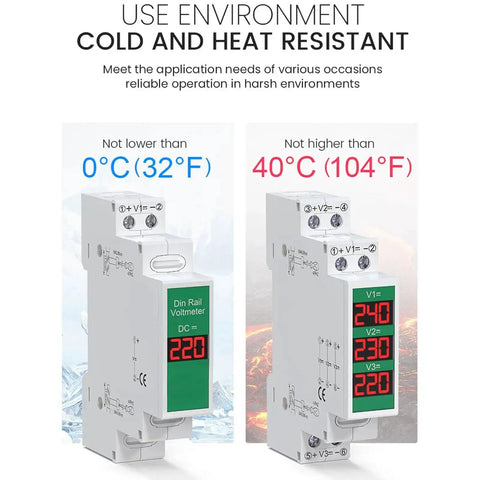 DC Voltmeter With 3 Digit LED Display 11 To 310V Plug And Play DIN Rail Mount Voltage Meter For Industrial Panels and Electrical Gear shown in temperature-resistant environment