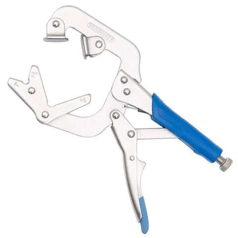 10 Inch Welding Pipe Pliers With Locking C Clamp And Large Adjustable V Pads, blue ergonomic grip visible