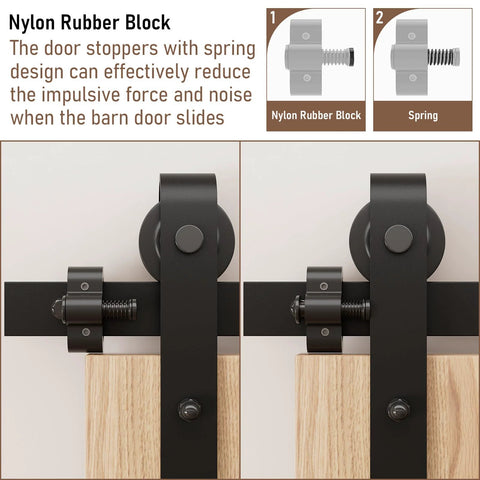 Close-up of Two Pack Adjustable Barn Door Stopper With Spring Cushion, showing nylon rubber block on black-coated aluminum track
