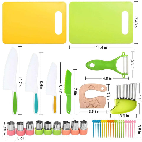 46 Piece Kids Knife Set For Toddlers Real Cooking Skills Montessori Kitchen Toys With Safe Wooden Knife Crinkle Cutter shown