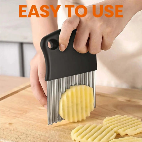 Versatile Waffle Fry Cutter Set For Potatoes Two Piece Crinkle Cutter being used to slice potato on kitchen counter