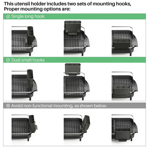 Expandable Dish Drying Rack For Kitchen Counter With Drainboard And Utensil Holder showing proper and improper mounting options