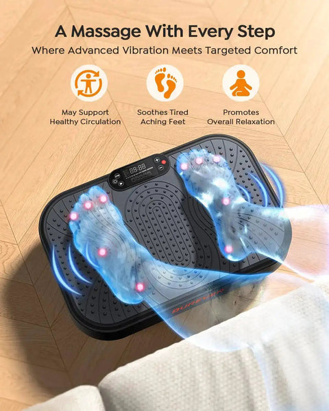Full Body Vibration Plate For Home Workouts With 99 Adjustable Speeds features massage for feet on a wooden floor