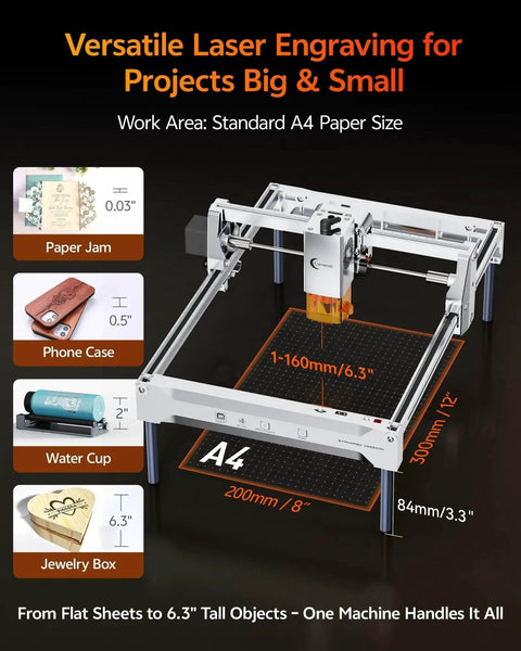 Dope 12W Laser Engraver And Cutter For Wood Metal Acrylic Glass Stone With 7.9 by 11.8 Inch Bed showing size and sample projects