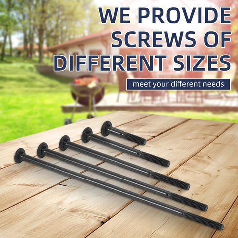 Six black galvanized carriage bolts laid out on a wooden table.