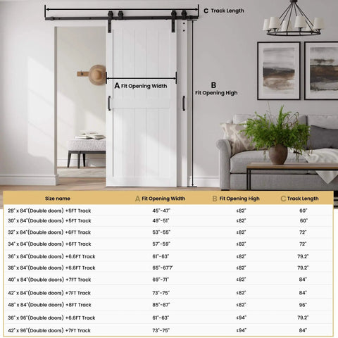 30 By 84 Inch Bypass Barn Door With Five Foot Track Hardware Kit Included H Shape Solid Core MDF Door With Waterproof PVC Surface Space Saving Sliding Door White Durable And Easy To Install No Cracking Modern Home Upgrade in a living room with a couch and wall decor.