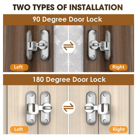 90 And 180 Degree Barn Door Lock And Latch In Zinc Alloy With Rust Proof Coating For Cabinet Bathroom Garage Wooden Fence Pet Gate And Shed Sliding Flip Lock Hardware Includes A Two And A Half Millimeter Spacer 2 Pack installed view showing two types of installation instructions for left and right mounting.